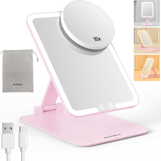 Travel Makeup Mirror with Lights, Rechargeable Compact Mirror, Portable Lighted Beauty Mirror, 3 Colors Lighted Makeup Mirror,Dimmable Touch Screen, Tabletop LED Folding Cosmetic Vanity Mirror